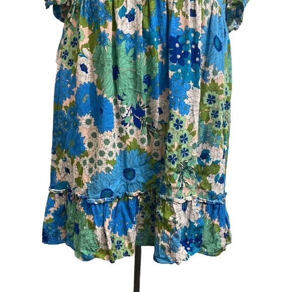 Lovestitch Bright Floral Blue Green Ruffle Bottom Dress Size Large - Picture 3 of 10